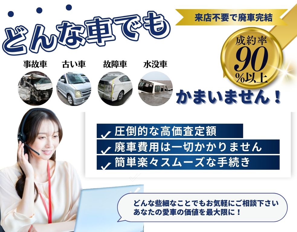 どんな車でもかまいません！来店不要で廃車完結、圧倒的な高価査定額、廃車費用は掛かりません、簡単楽々スムーズな手続き、どんな些細なことでもお気軽にご相談ください、あなたの愛車の価値を最大限に