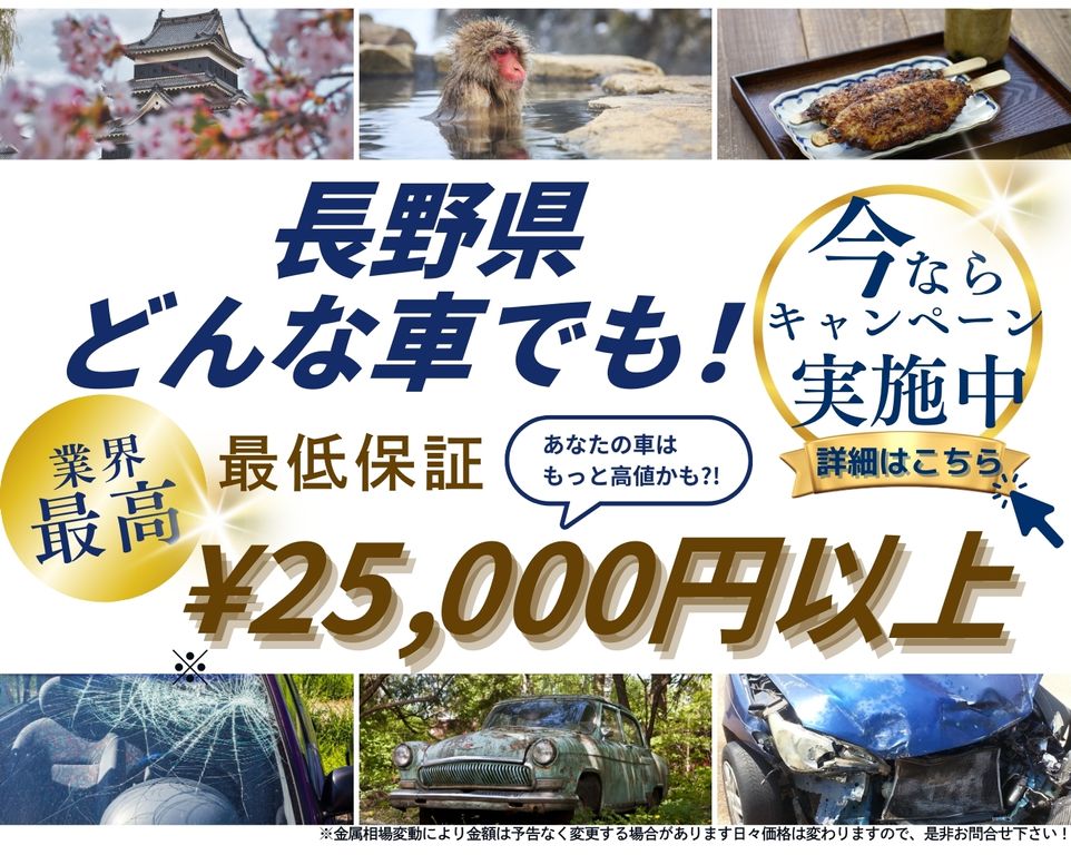 長野県どんな車でも高価買取、業界最高、最低保証25000円以上、あなたの車はもっと高値かも